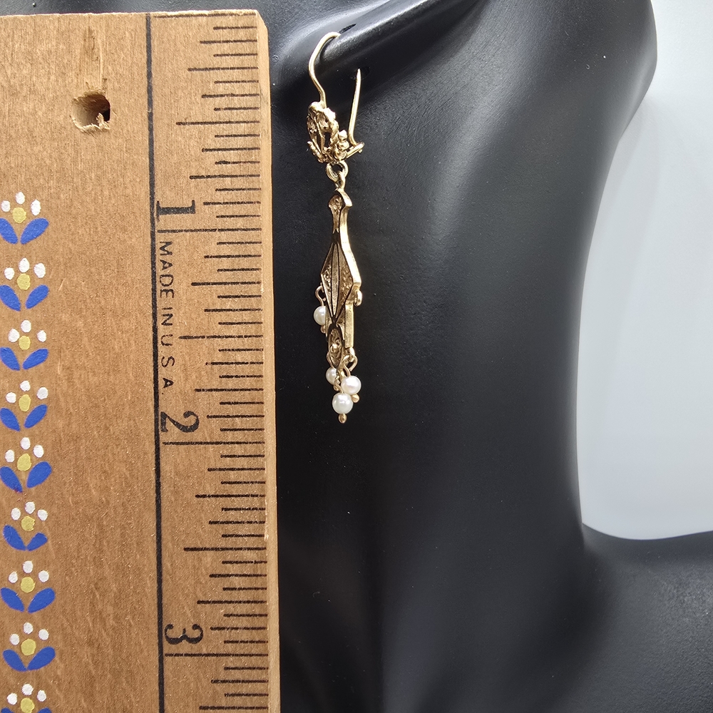 VTG 14K Yellow Gold Seed Pearl Drop Dangle Earrings LO Art Nouveau Revival MCM - Picture 12 of 14